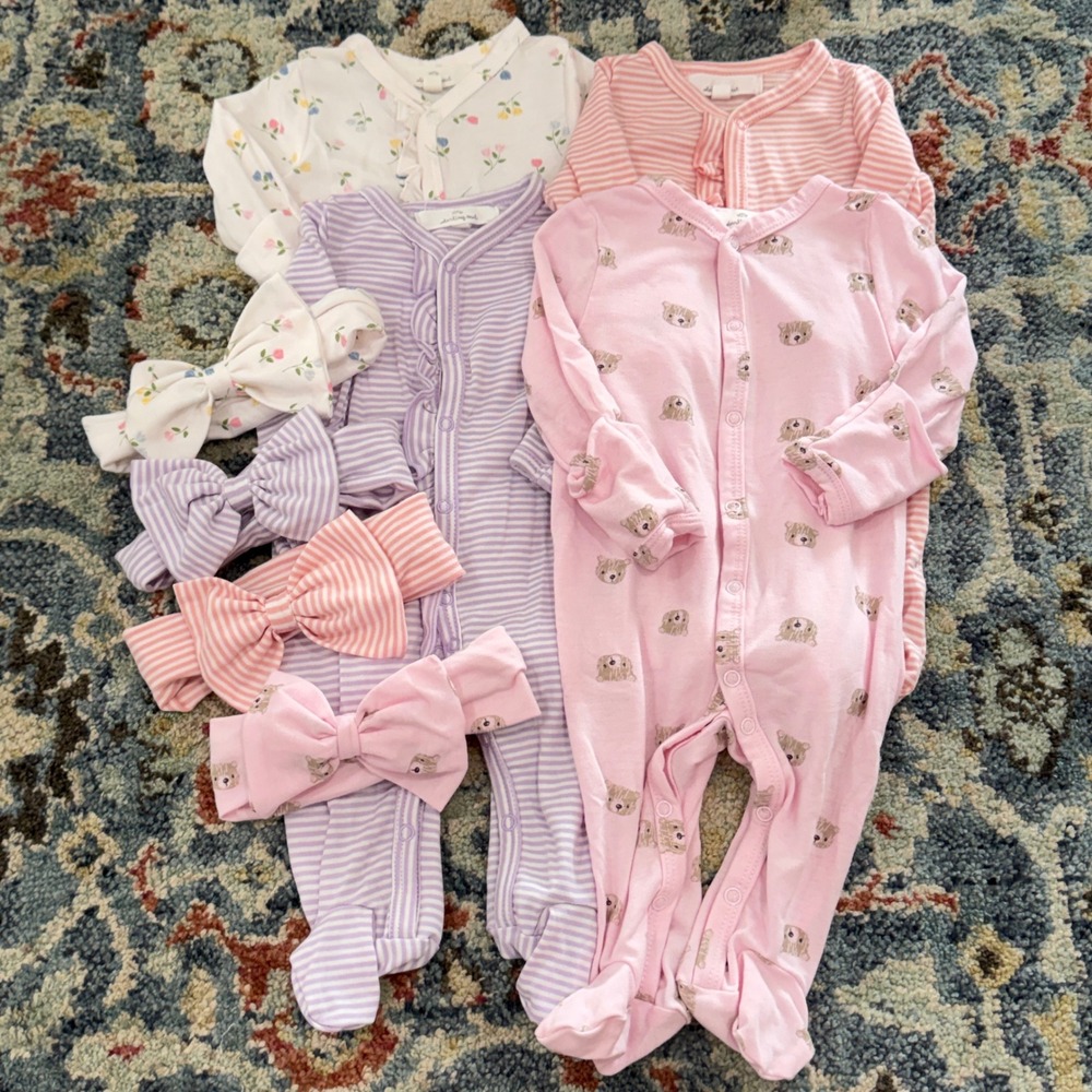 Starting Out Sleepers Headbands Girls Newborn Bundle Soft Pink Purple Floral EUC